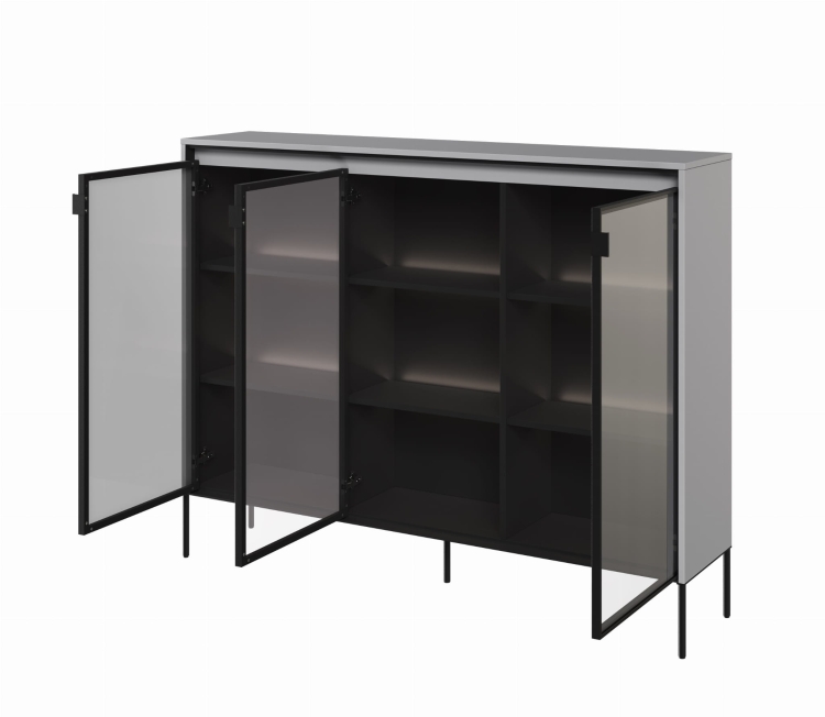 Szara nowoczesna witryna 150 cm do salonu ze szkłem FLORES