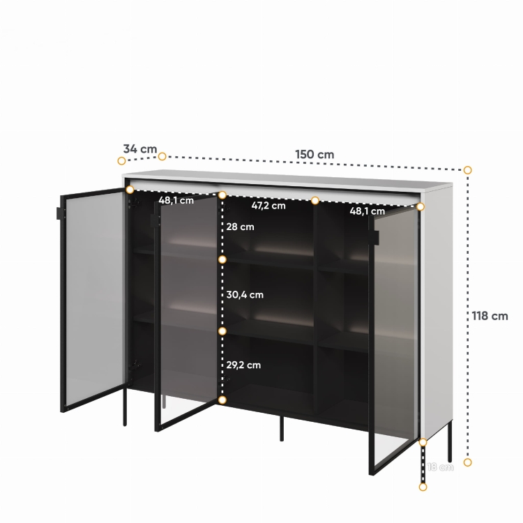 Szara nowoczesna witryna 150 cm do salonu ze szkłem FLORES