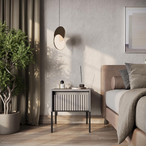 Nowoczesna szafka nocna szara na wysokich metalowych nogach FLORES