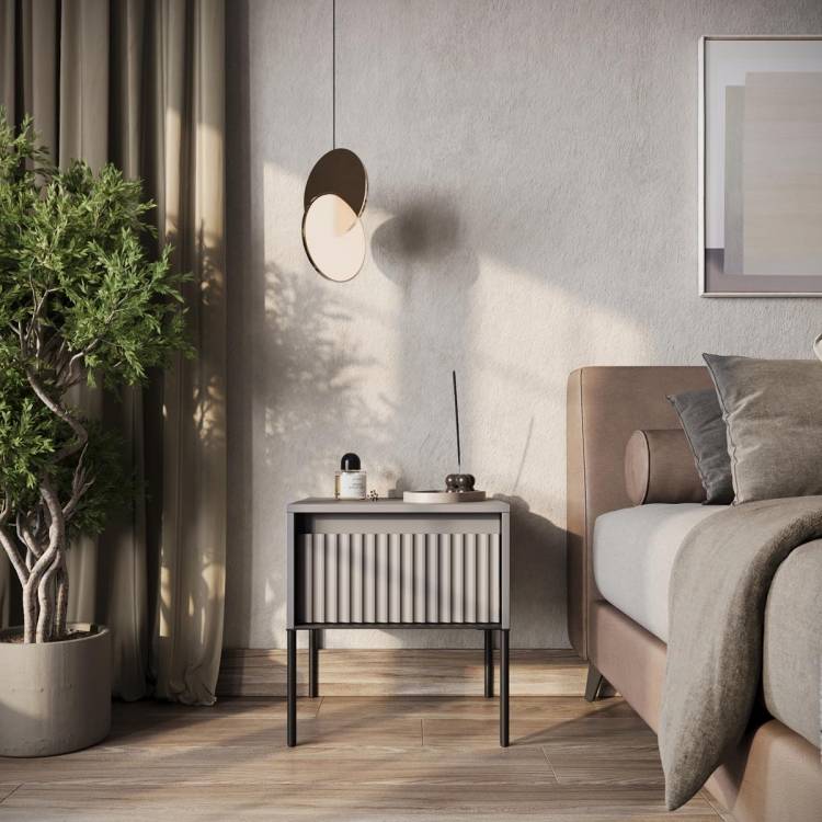 Nowoczesna szafka nocna szara na wysokich metalowych nogach FLORES