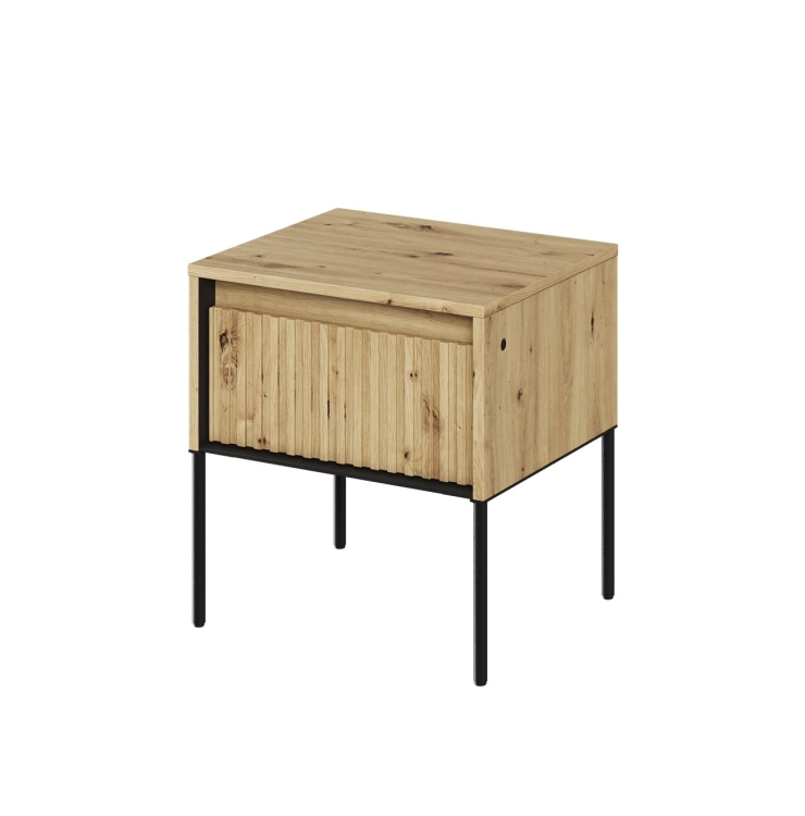 Designerski stolik nocny dąb artisan z czarną ramą z szufladą FLORES