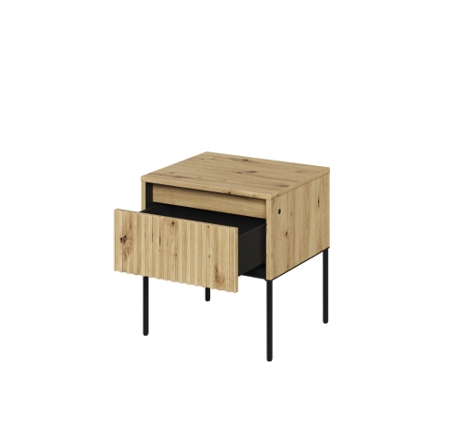 Designerski stolik nocny dąb artisan z czarną ramą z szufladą FLORES