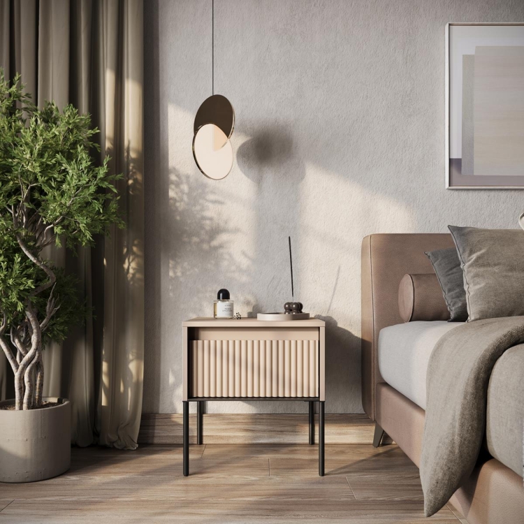 Designerski stolik nocny dąb artisan z czarną ramą z szufladą FLORES