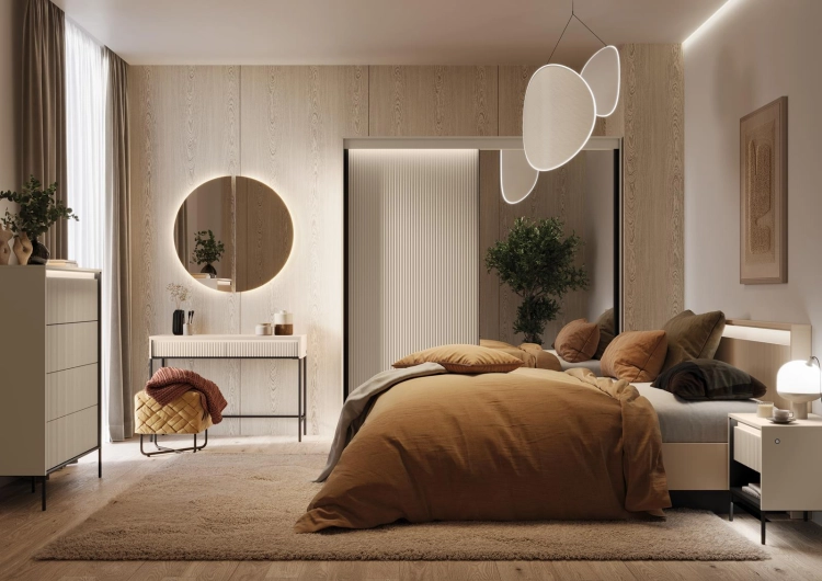 Designerskie łóżko z ryflowanym zagłówkiem beżowe LED FLORES