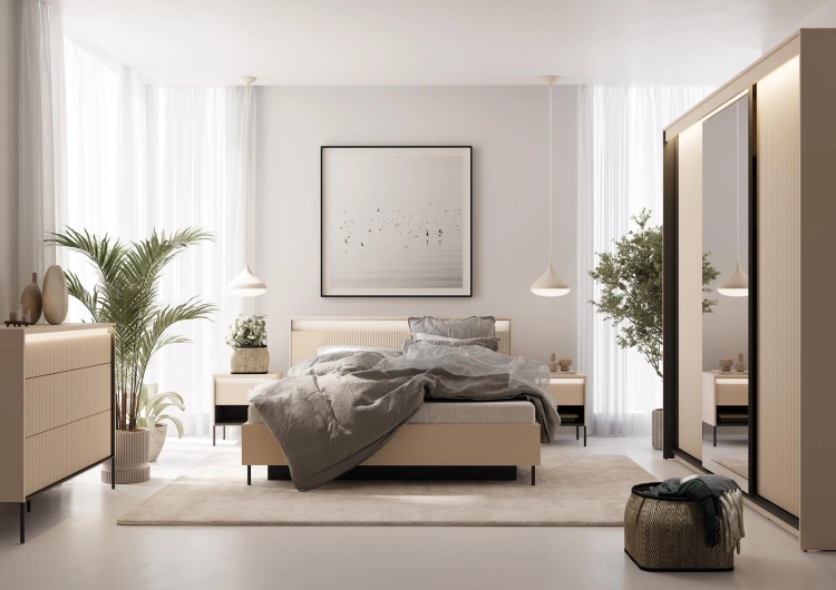 Designerskie łóżko z ryflowanym zagłówkiem beżowe LED FLORES