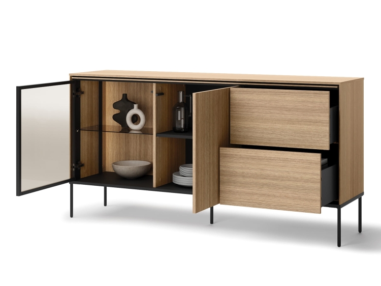Modna komoda w kolorze dębu z przeszklonymi drzwiami LED MILANS