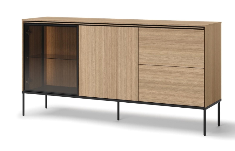Modna komoda w kolorze dębu z przeszklonymi drzwiami LED MILANS