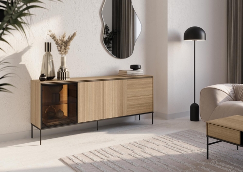 Szeroka komoda z szufladami przeszklona z oświetleniem LED 201 cm MILANS