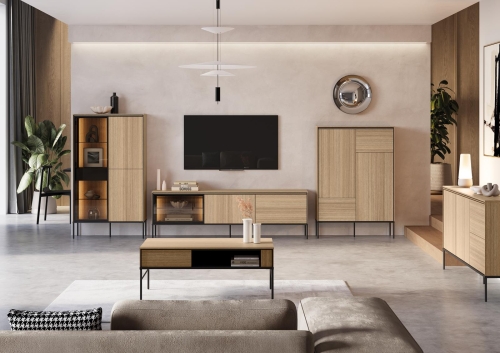 Elegancka szafka pod telewizor w kolorze dębu z oświetleniem LED MILANS