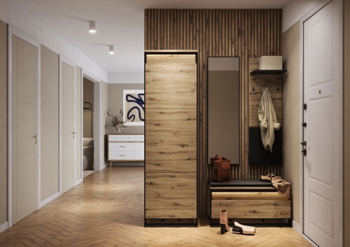 Zestaw mebli z wysokim lustrem w kolorze dąb artisan do przedpokoju NINO