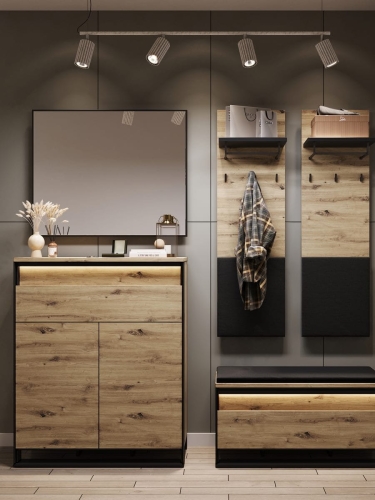 Zestaw stylowych mebli do przedpokoju z komodą, pufą, lustrem i wieszakami NINO