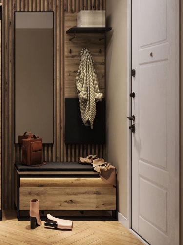 Zestaw w loftowym stylu do przedpokoju z pufą, lustrem i wieszakiem NINO
