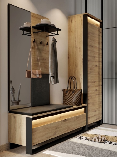 Modny zestaw do przedpokoju- pufa z szafką na buty, lustro, wieszak na ubrania NINO