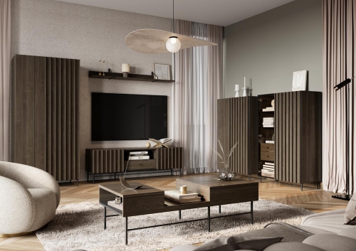 Elegancka szafa w kolorze jesionu z czernią z ryflowanym frontem NOBO