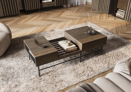 Funkcjonalny stolik kawowy z szufladą na metalowych nóżkach ryflowany NOBO