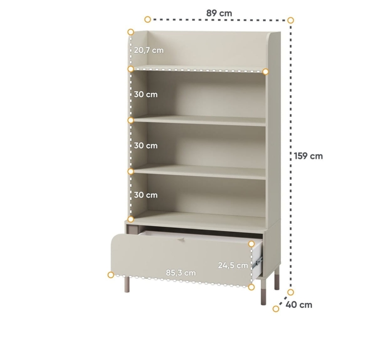 Praktyczny regał kaszmirowy do pokoju dziecięcego z szufladą JUNA