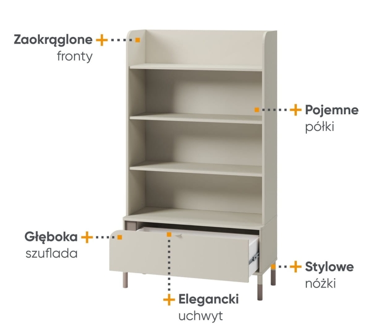 Praktyczny regał kaszmirowy do pokoju dziecięcego z szufladą JUNA