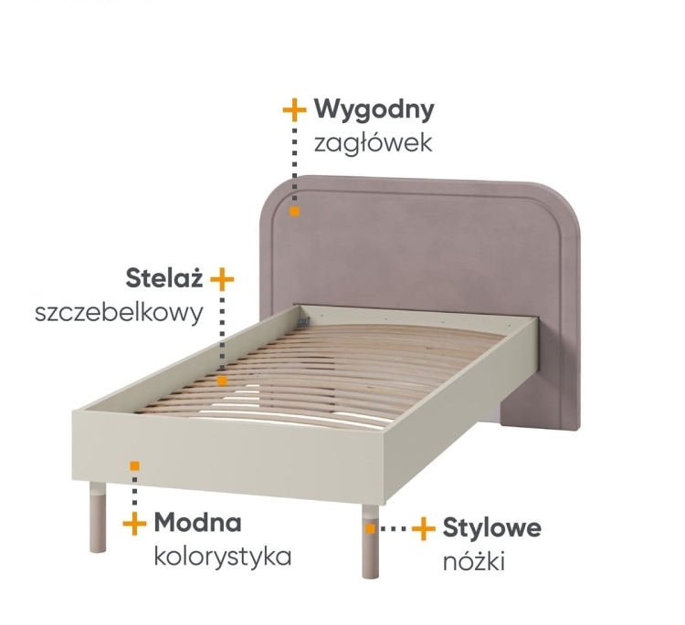 Kaszmirowe łóżko pojedyncze ze stelażem do pokoju młodzieżowego JUNA