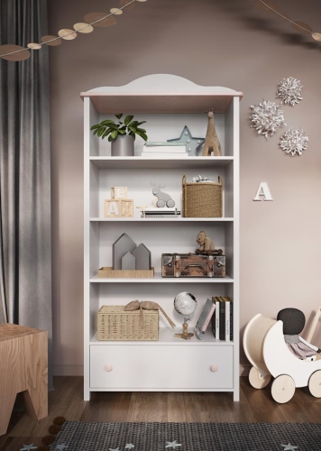 Stylowy biały regał do pokoju dziewczynki z różowymi dodatkami LARA
