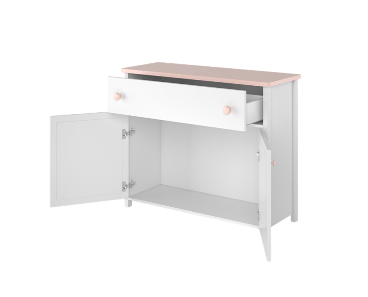 Elegancka komoda dwudrzwiowa z szufladą w kolorze białym i różowym LARA