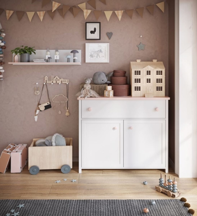 Elegancka komoda dwudrzwiowa z szufladą w kolorze białym i różowym LARA