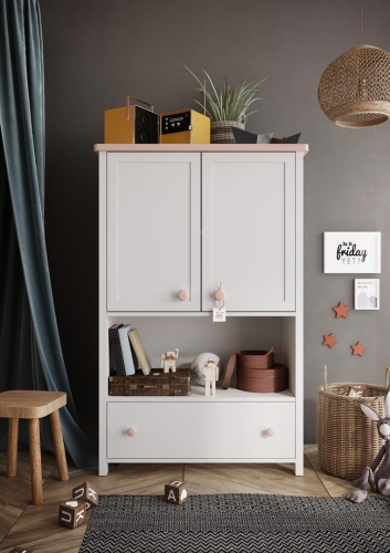 Praktyczna dwudrzwiowa komoda biało-różowa z półkami i szufladą LARA