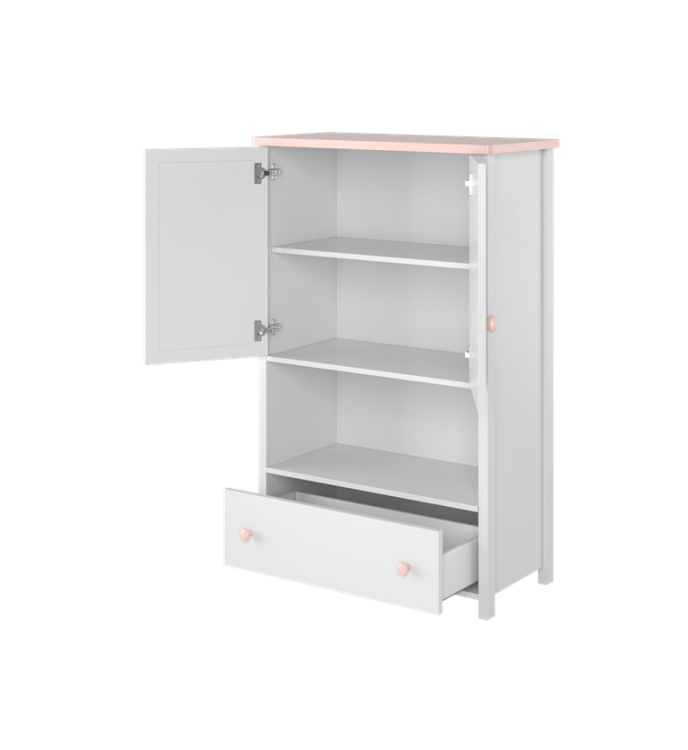 Praktyczna dwudrzwiowa komoda biało-różowa z półkami i szufladą LARA