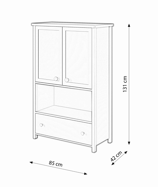 Praktyczna dwudrzwiowa komoda biało-różowa z półkami i szufladą LARA