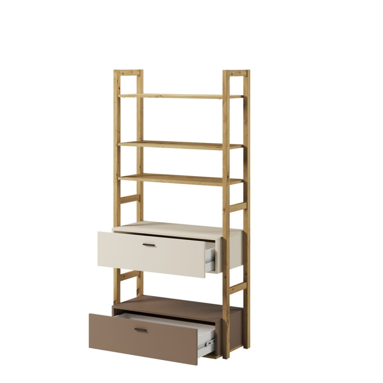 Stylowy regał z drewnianymi półkami w kolorze dąb artisan z 2 szufladami LAGOS