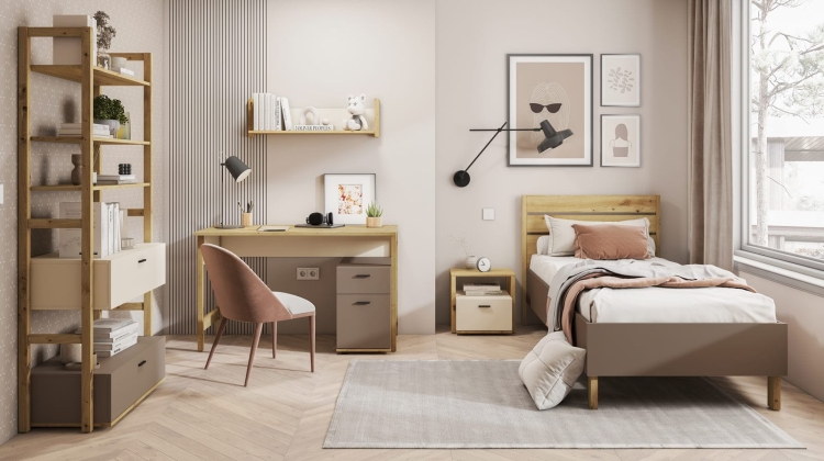 Stylowy regał z drewnianymi półkami w kolorze dąb artisan z 2 szufladami LAGOS