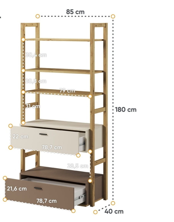 Stylowy regał z drewnianymi półkami w kolorze dąb artisan z 2 szufladami LAGOS
