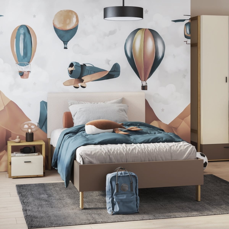 Modny beżowy stolik nocny dziecięcy z elementem drewna dąb artisan LAGOS