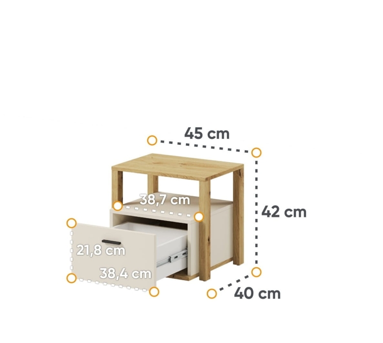 Modny beżowy stolik nocny dziecięcy z elementem drewna dąb artisan LAGOS