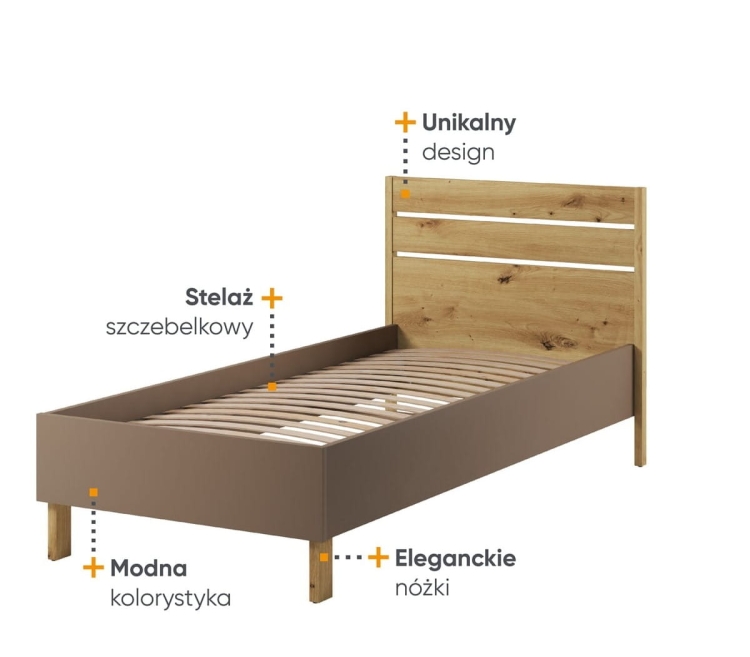 Pojedyncze łóżko 100x200 cm do dziecięcego pokoju z drewnianym zagłówkiem LAGOS