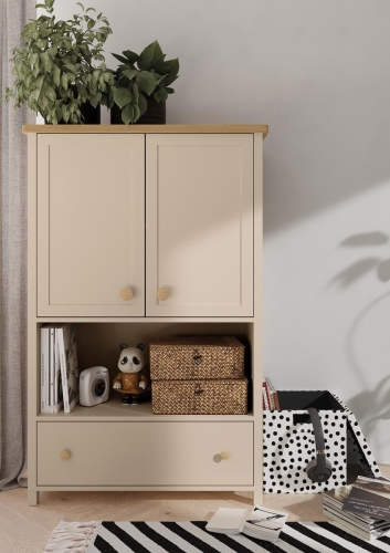 Regał beżowy do eleganckiego pokoju dziecięcego z szufladą i szafką TOMMY
