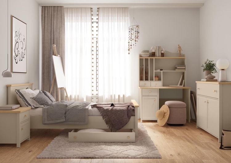 Łóżko dziecięce z wysokim zagłówkiem w klasycznym stylu beżowe TOMMY