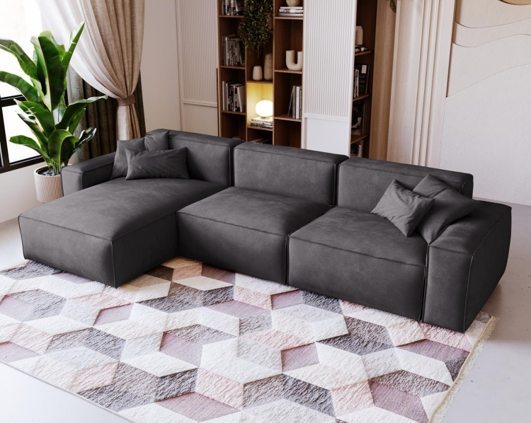 Grafitowy narożnik tapicerowany w welurowej tkaninie z podłokietnikami LOZORNO