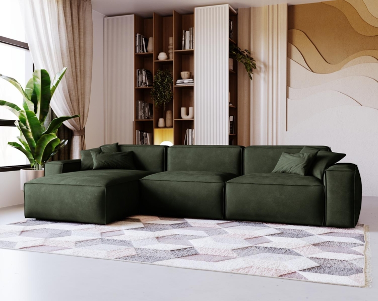 Designerski ciemny narożnik zielony w tkaninie welurowej do salonu LOZORNO