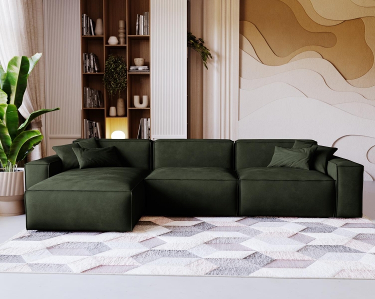Designerski ciemny narożnik zielony w tkaninie welurowej do salonu LOZORNO
