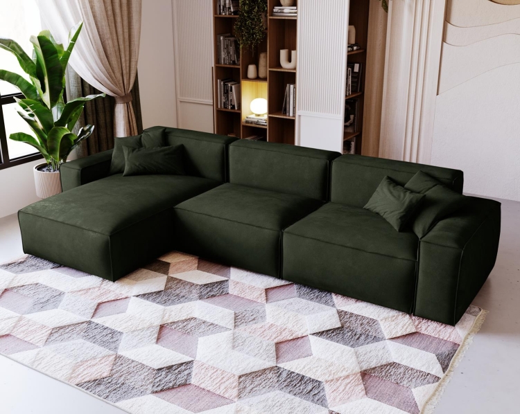 Designerski ciemny narożnik zielony w tkaninie welurowej do salonu LOZORNO