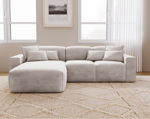 Jasny tapicerowany narożnik w odcieniu szarości duży do salonu AURIA