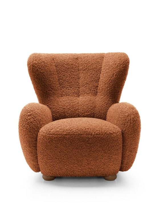 Stylowy komfortowy fotel miedziany w tkaninie baranek w stylu boho MONIS