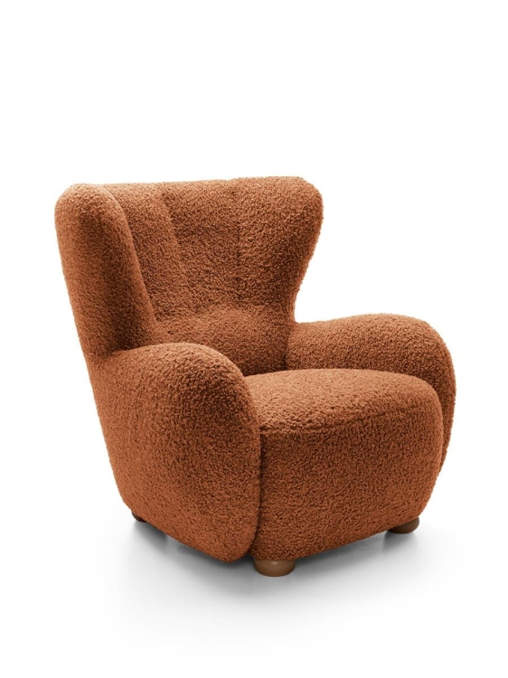 Stylowy komfortowy fotel miedziany w tkaninie baranek w stylu boho MONIS