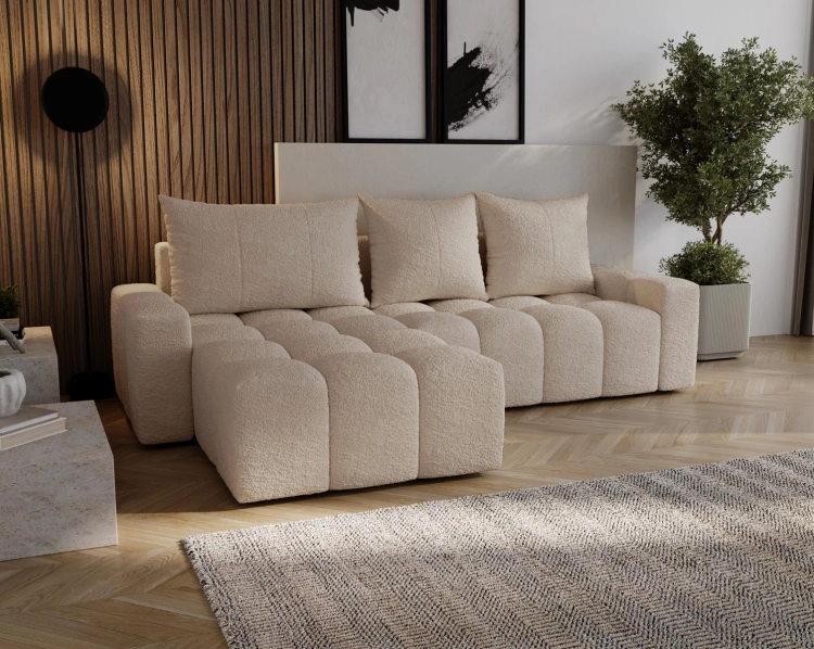 Designerski pikowany narożnik w beżowym odcieniu z funkcją spania COCO