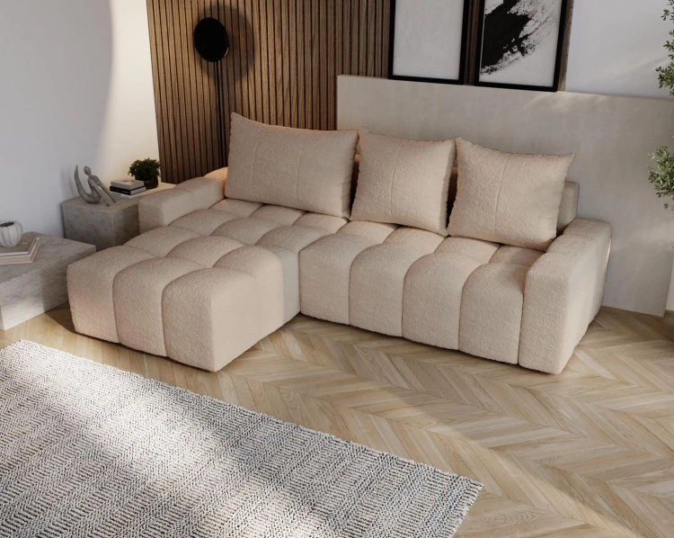 Designerski pikowany narożnik w beżowym odcieniu z funkcją spania COCO