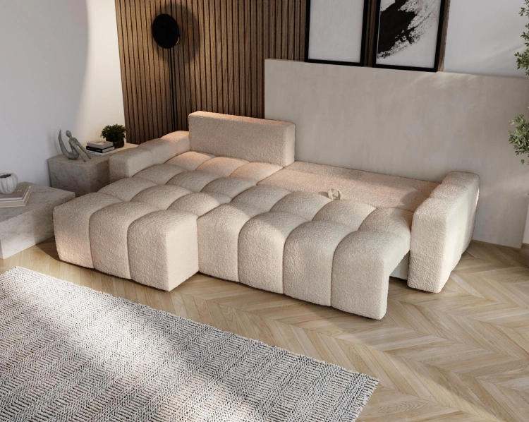 Designerski pikowany narożnik w beżowym odcieniu z funkcją spania COCO
