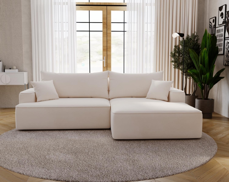 Kremowy narożnik tapicerowany w tkaninie welurowej w kształcie L BEVERLY