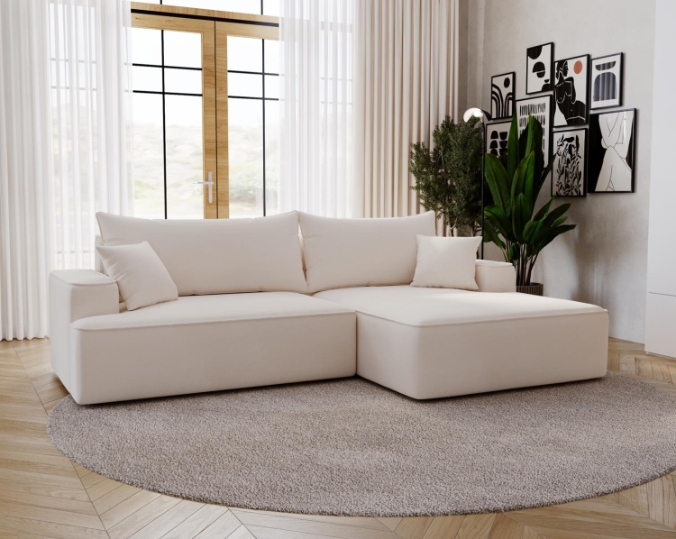 Kremowy narożnik tapicerowany w tkaninie welurowej w kształcie L BEVERLY