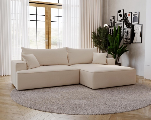 Elegancki narożnik w odcieniu beżu z szeroką otomaną do salonu BEVERLY