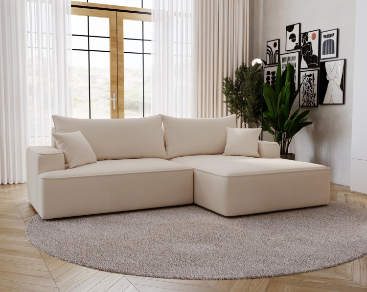 Elegancki narożnik w odcieniu beżu z szeroką otomaną do salonu BEVERLY